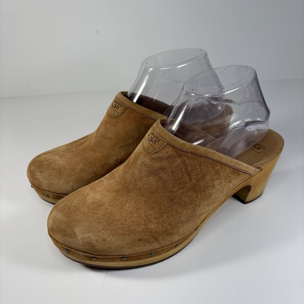 UGG Women's Abbie Mule Size 9 Wood Heel Clog Shearling Sherpa Shoe Brown Suede